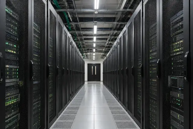 An aisle between enterprise server racks in a modern data centre