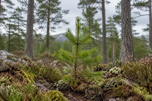 A young Scots pine growing among moss and heather in woodland