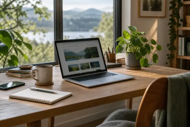 A laptop, notebook and houseplant on a sunlit wooden desk